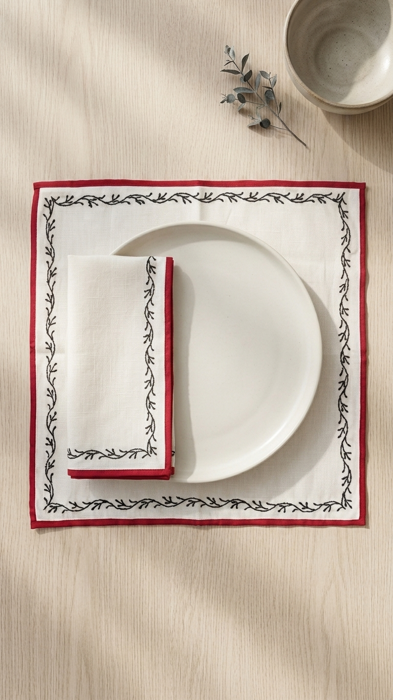 Chikankari embroidered white table napkin and placemat