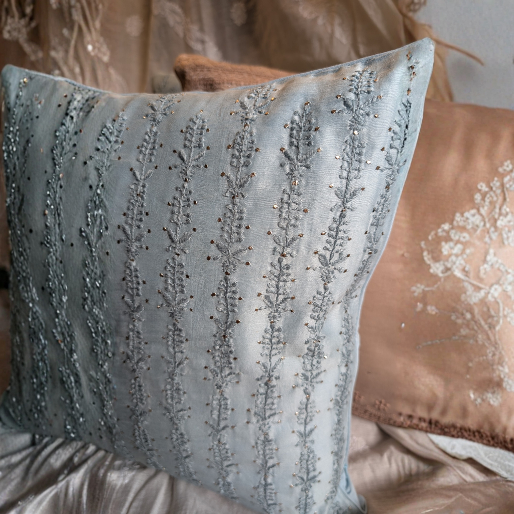 Light Blue Chikankari Hand Embroidered Cushion Cover 16x16 inches