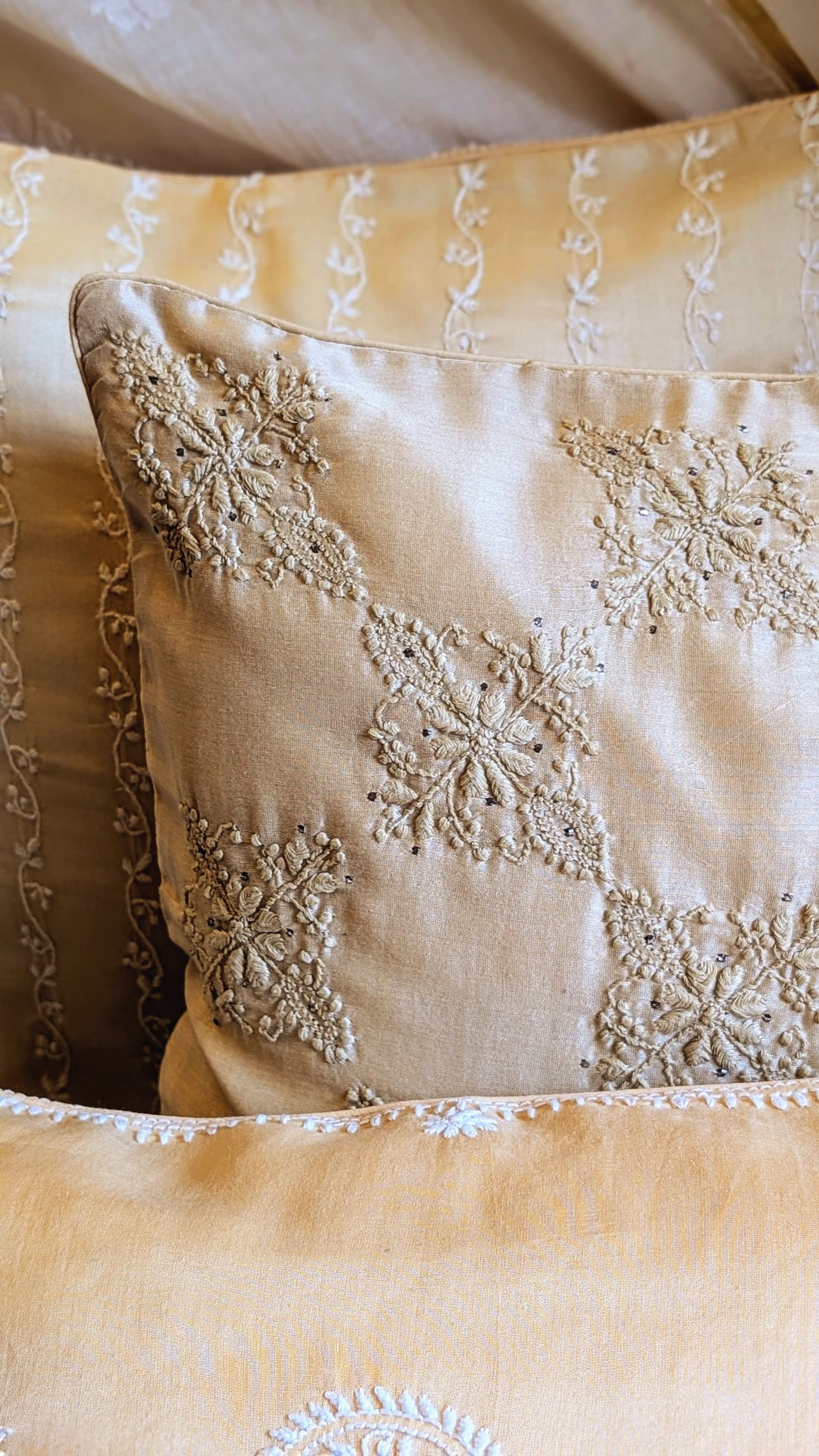 Tan Chikankari Hand Embroidered Cushion Cover 16x16 inches