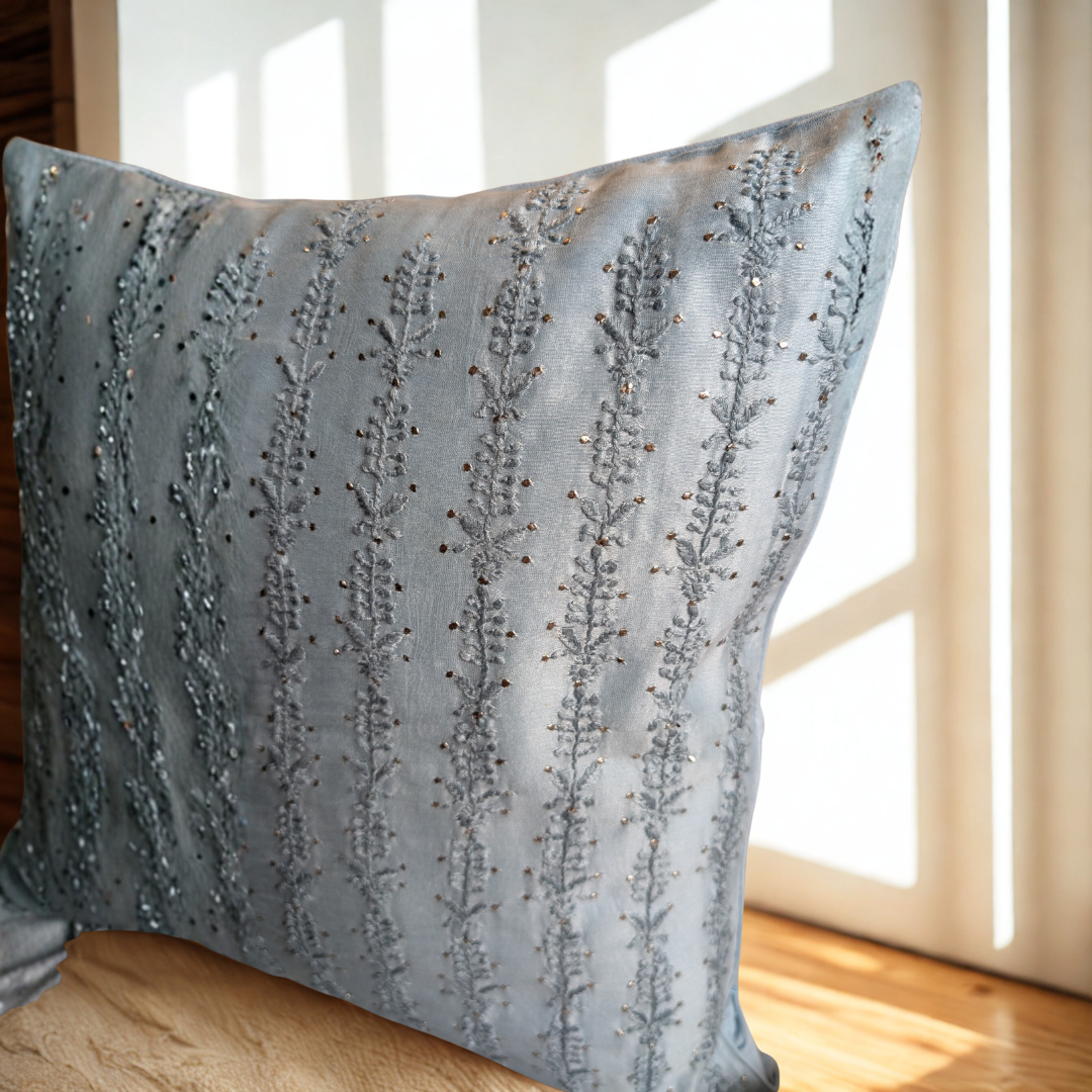 Light Blue Chikankari Hand Embroidered Cushion Cover 16x16 inches