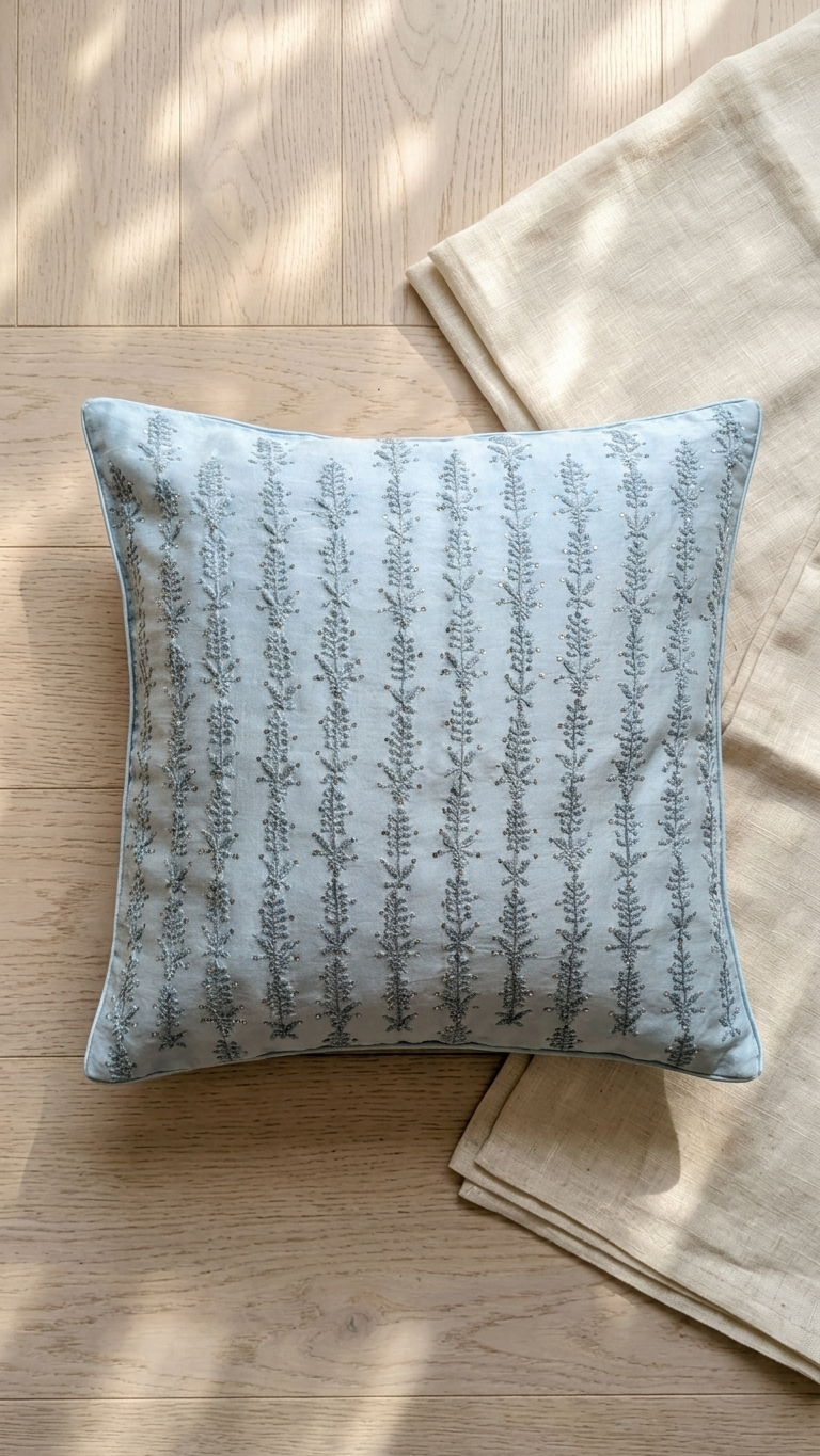 A square Chikankari embroidered light blue cushion pillow with vertical textured stripes, shown against a plain background.
