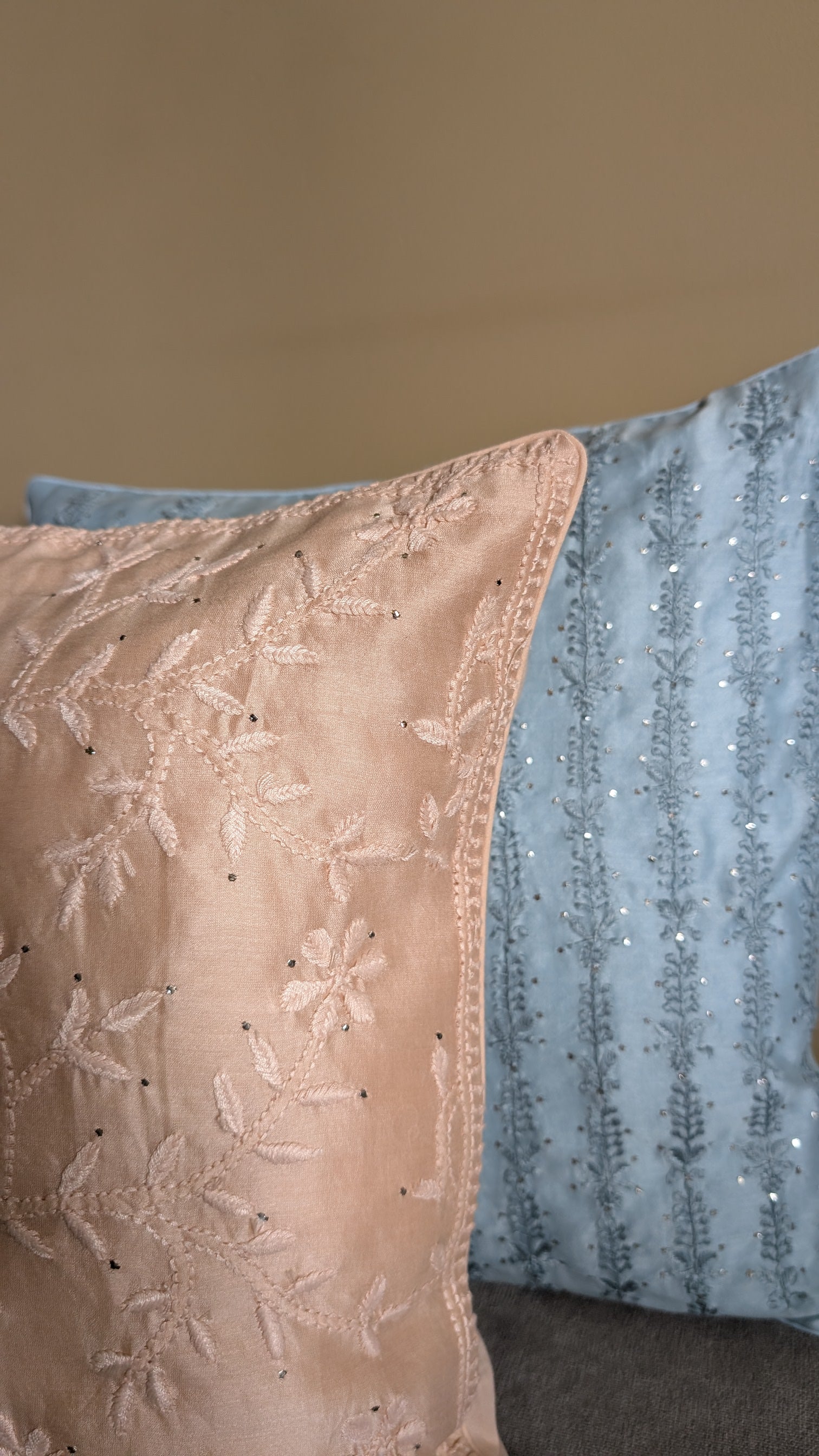 Light Peach Handmade Chikankari Cushion Covers 16X16 In