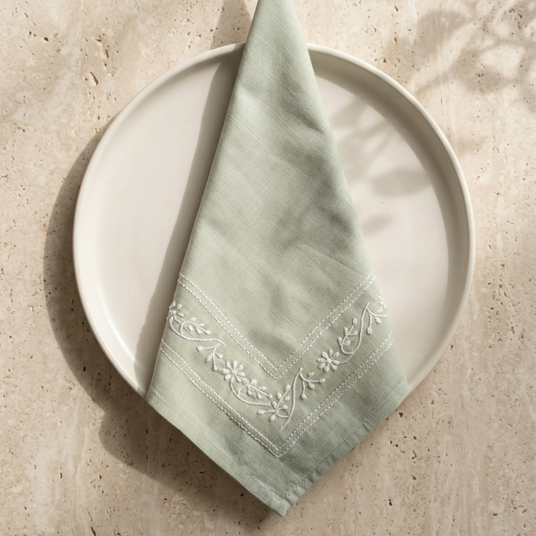 Chikankari sage green linen napkin with white hand embroidered, displayed on a round off-white ceramic plate against a textured beige stone surface with soft leaf shadows.