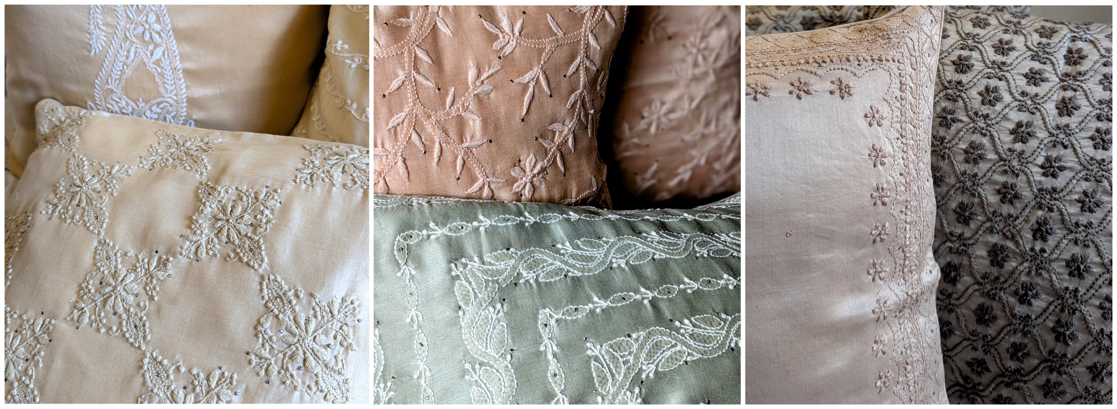 Collage of various chikankari pillows with intricate patterns. These are hand embroidred.