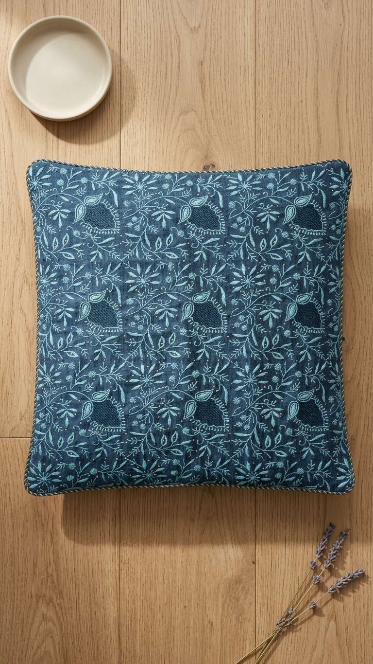 Chikankari Cushion Cover 16x16 inches | Dark Blue | Tissue Chanderi Silk