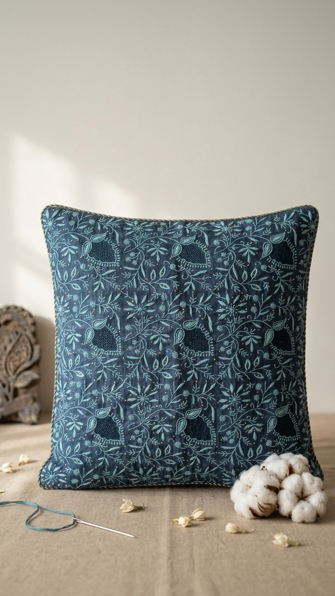 A square Chikankari decorative throw pillow featuring a detailed botanical and bird pattern jaal in shades of blue and teal, set against a plain white background.