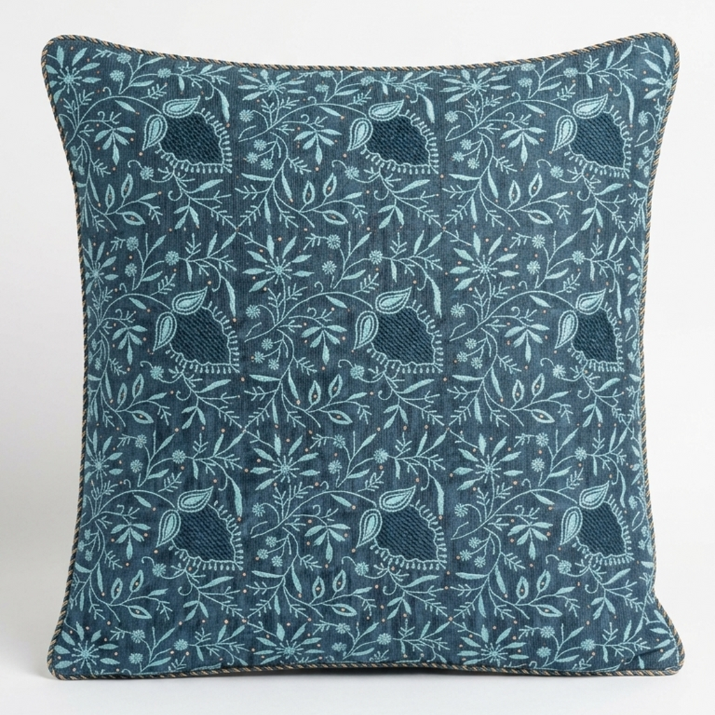 A square Chikankari decorative throw pillow featuring a detailed botanical and bird pattern jaal in shades of blue and teal, set against a plain white background.