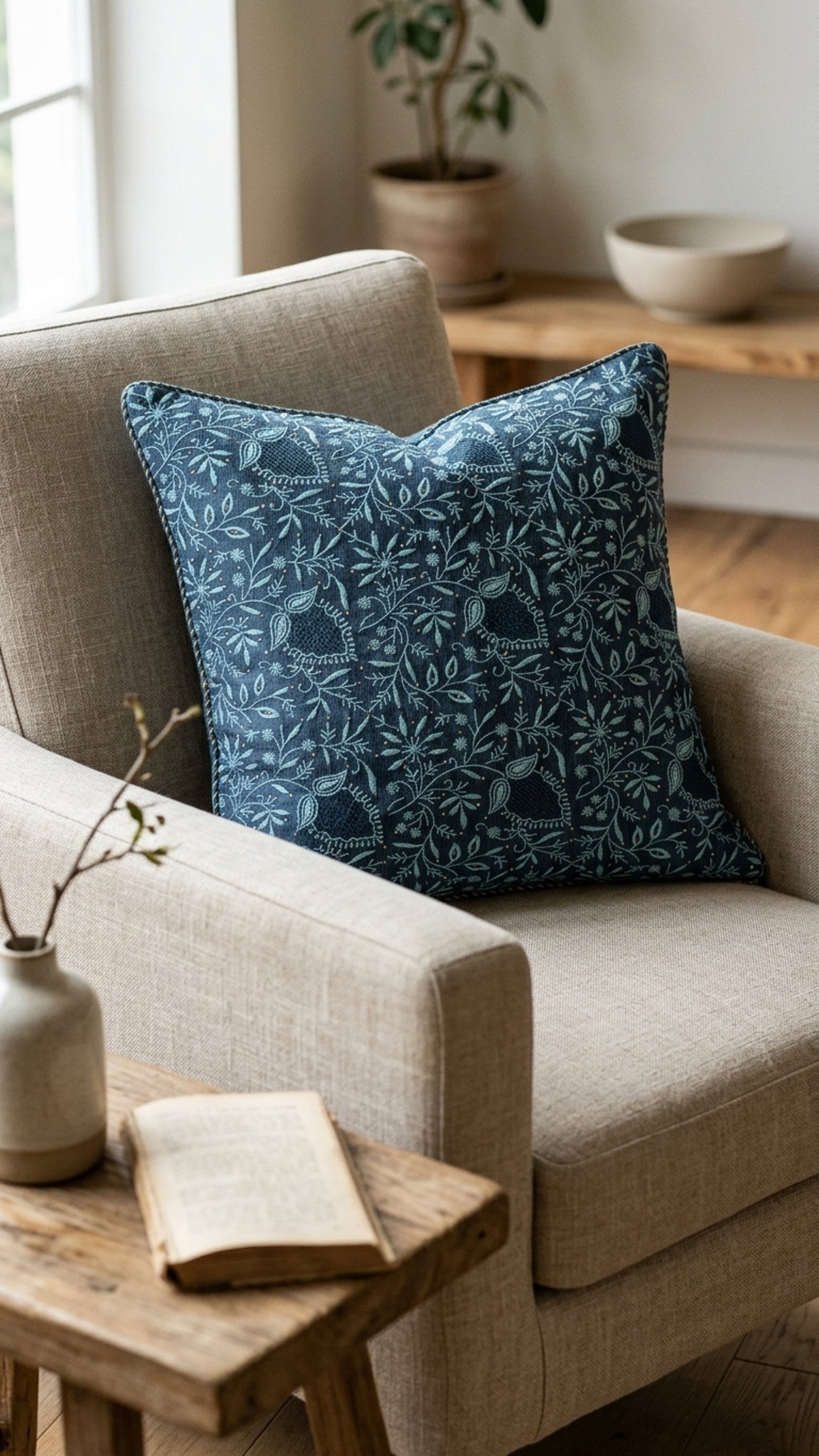 A square Chikankari decorative throw pillow featuring a detailed botanical and bird pattern jaal in shades of blue and teal, set against a plain white background.