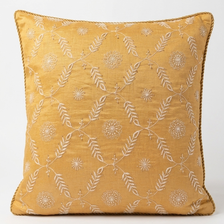Chikankari mustard yellow pillow with white floral hand embroidery rests on a bed of orange and yellow marigold flowers.