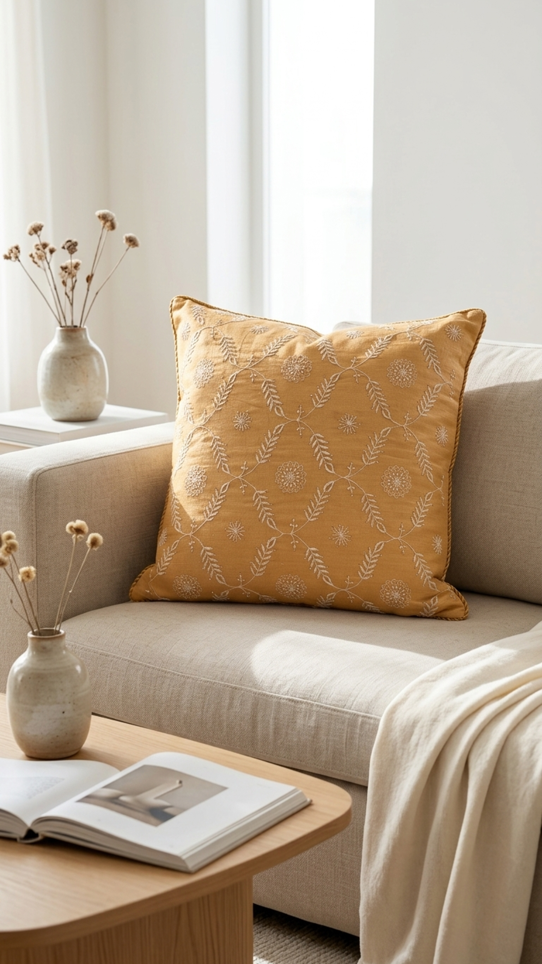 Chikankari mustard yellow pillow with white floral hand embroidery rests on a bed of orange and yellow marigold flowers.
