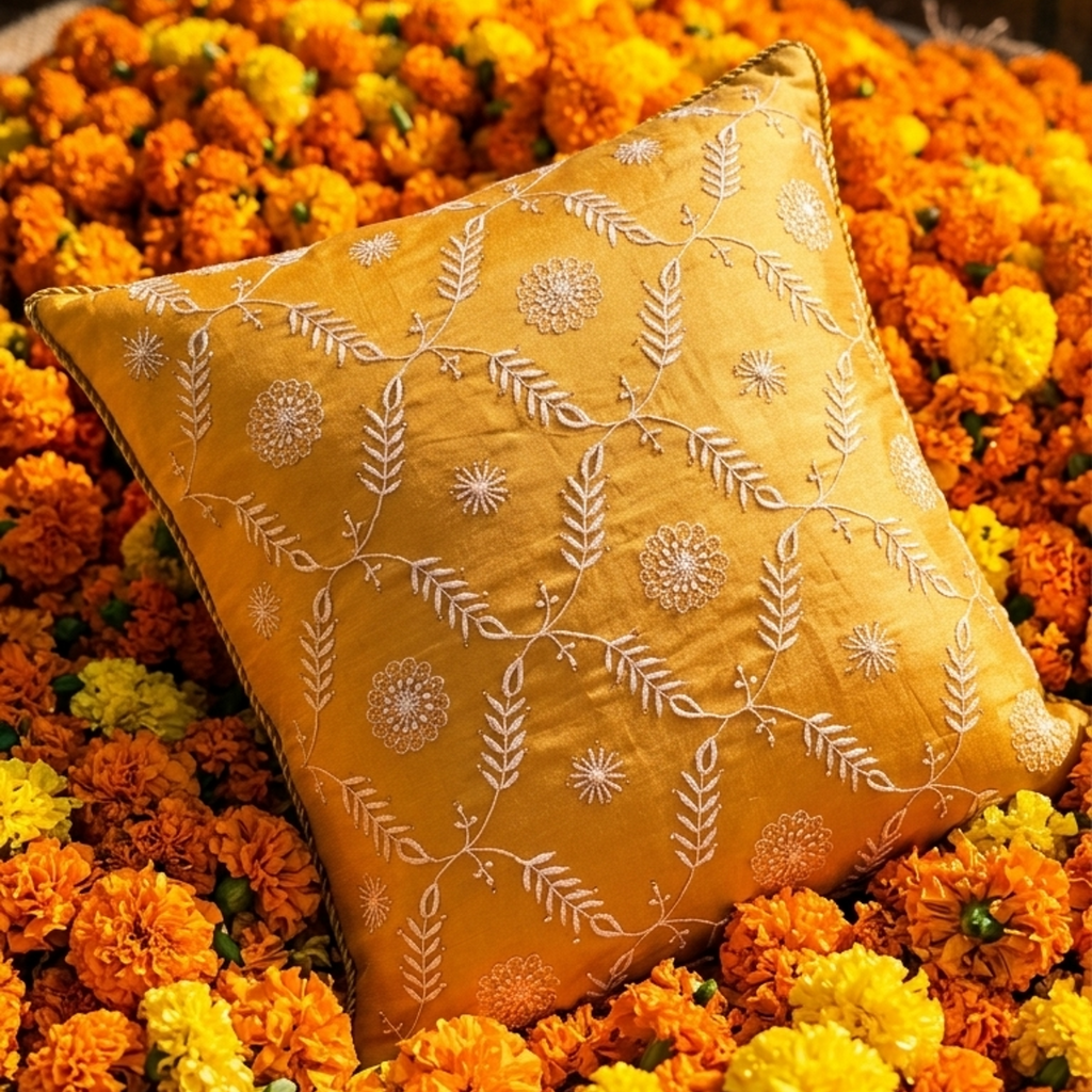 Chikankari mustard yellow pillow with white floral hand embroidery rests on a bed of orange and yellow marigold flowers.