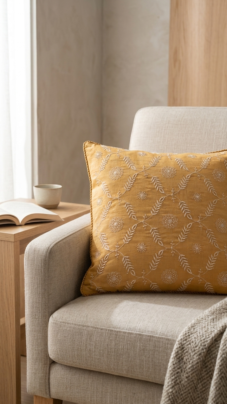 Chikankari mustard yellow pillow with white floral hand embroidery rests on a bed of orange and yellow marigold flowers.