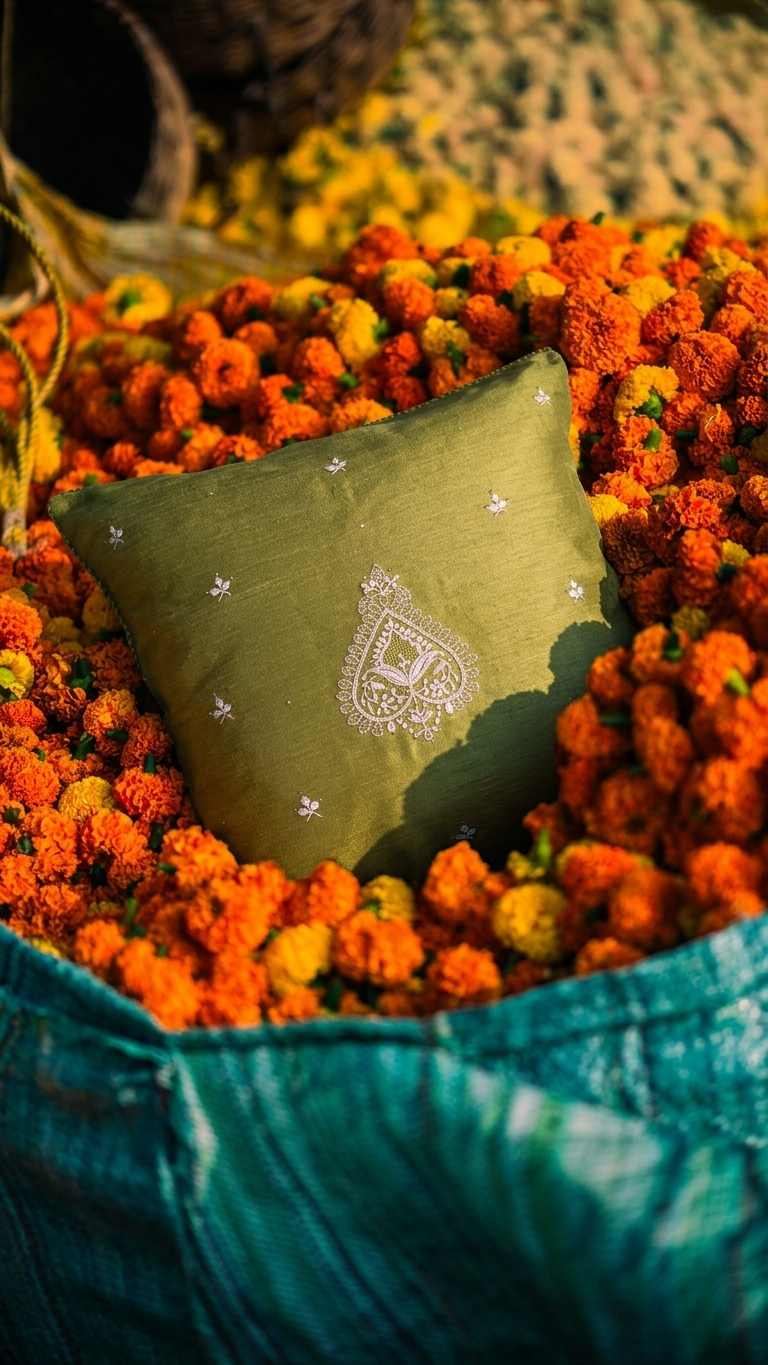 Chikankari Cushion Cover 16x16 inches | Green | Tissue Silk