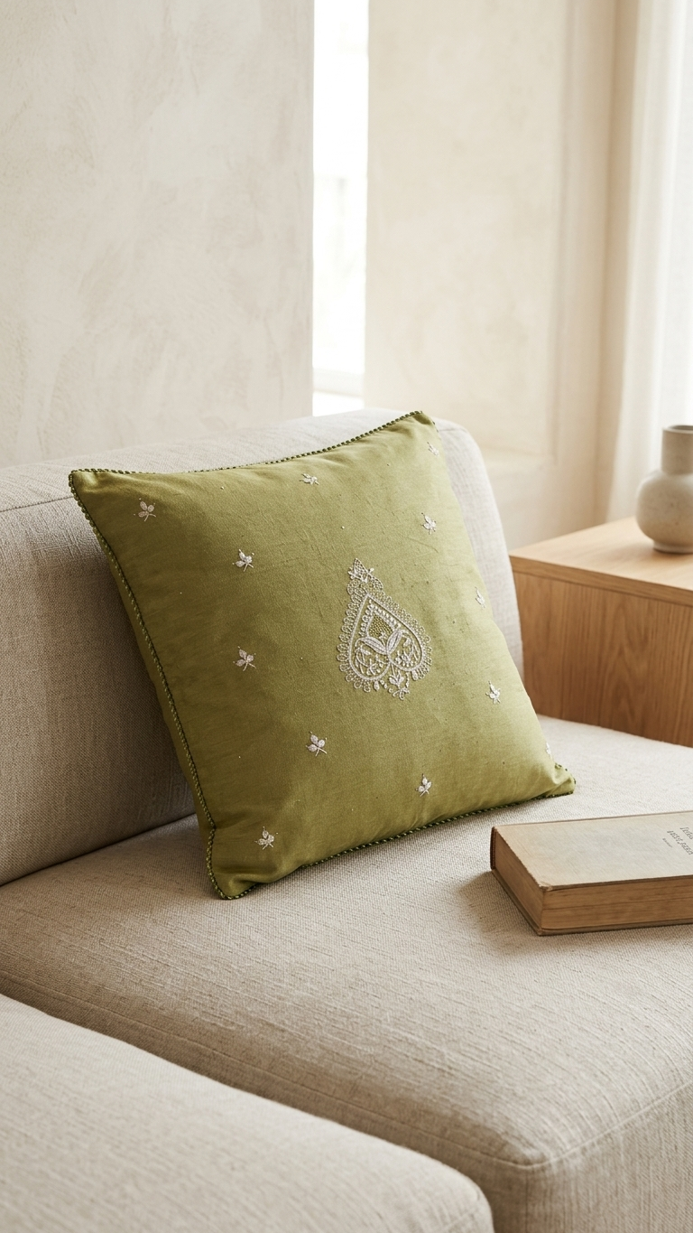 Chikankari Cushion Cover 16x16 inches | Green | Tissue Silk