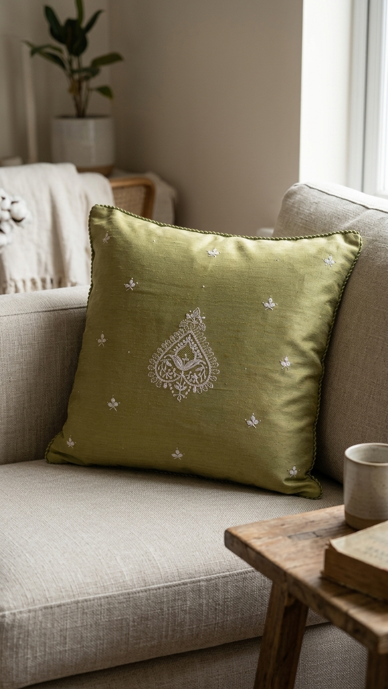 Chikankari Cushion Cover 16x16 inches | Green | Tissue Silk