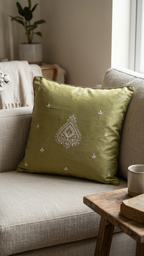 Chikankari Cushion Cover 16x16 inches | Green | Tissue Silk