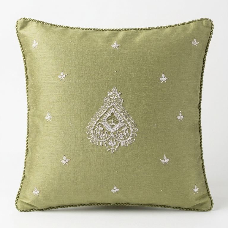 An olive green Chikankari throw pillow with a white embroidered central teardrop motif and small scattered star-like embroidery, set against a plain white background.