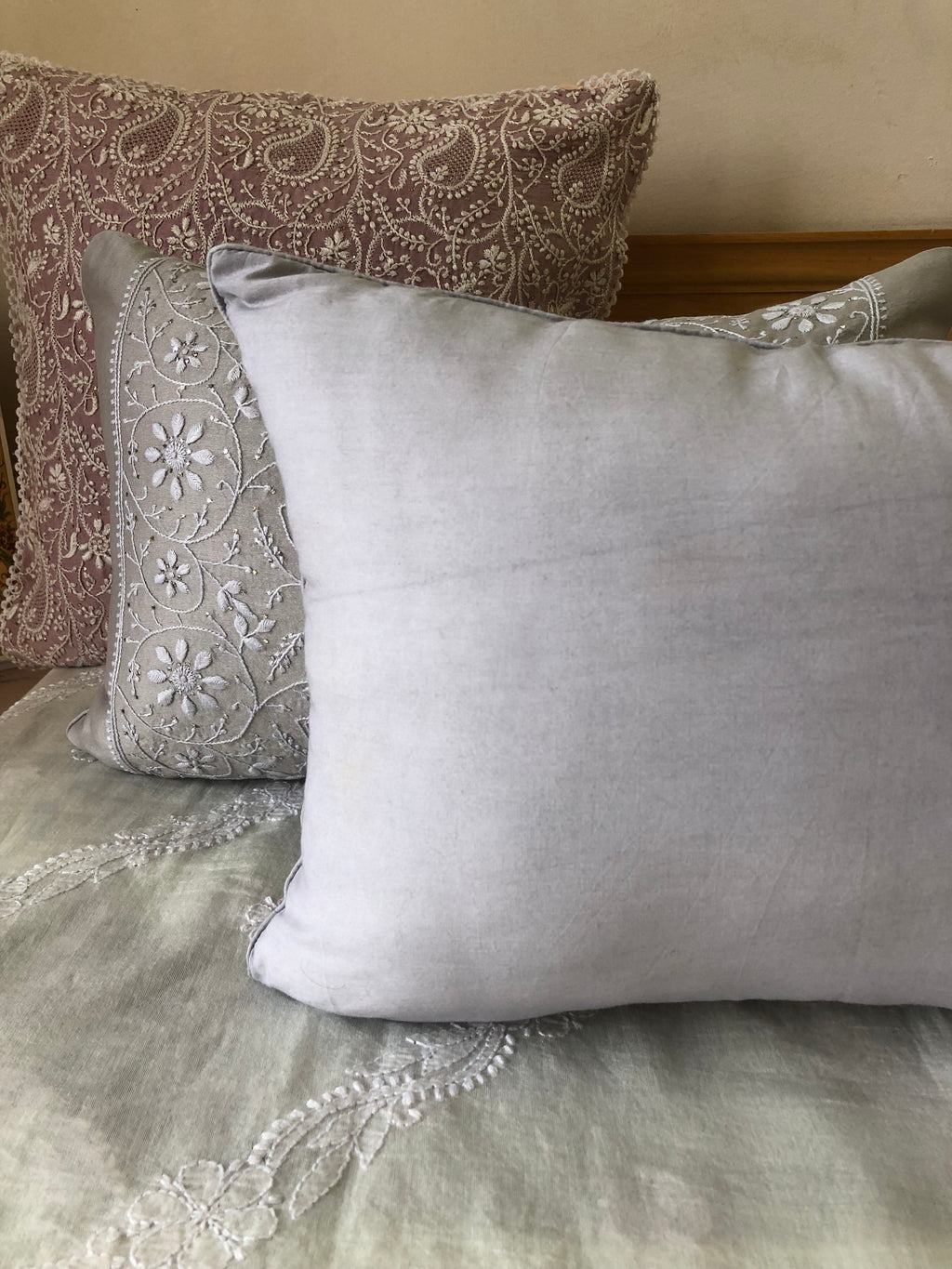 Grey Chikankari Lumbar Cushion Cover 18x12inches