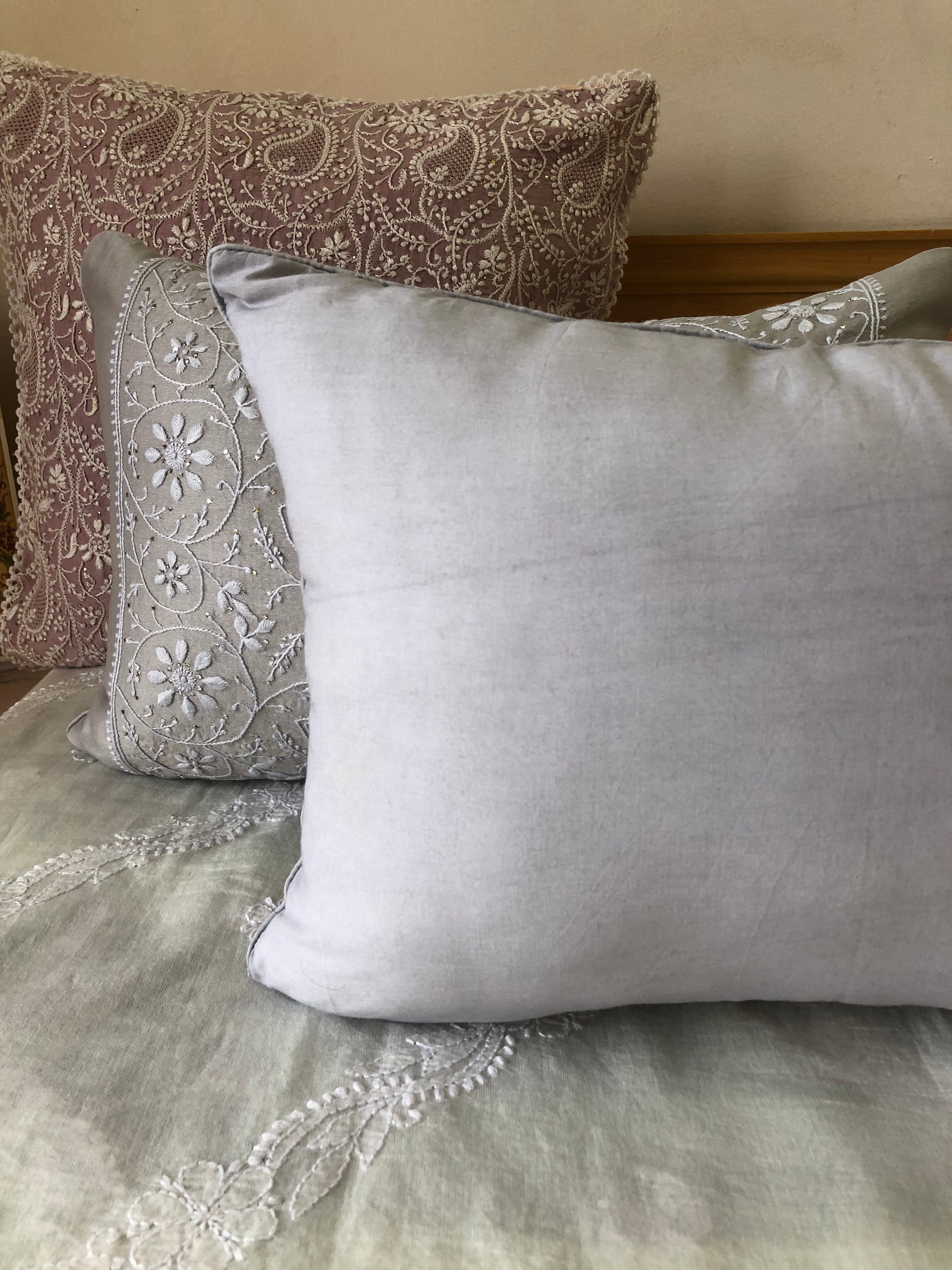 Grey Chikankari Lumbar Cushion Cover 18x12inches