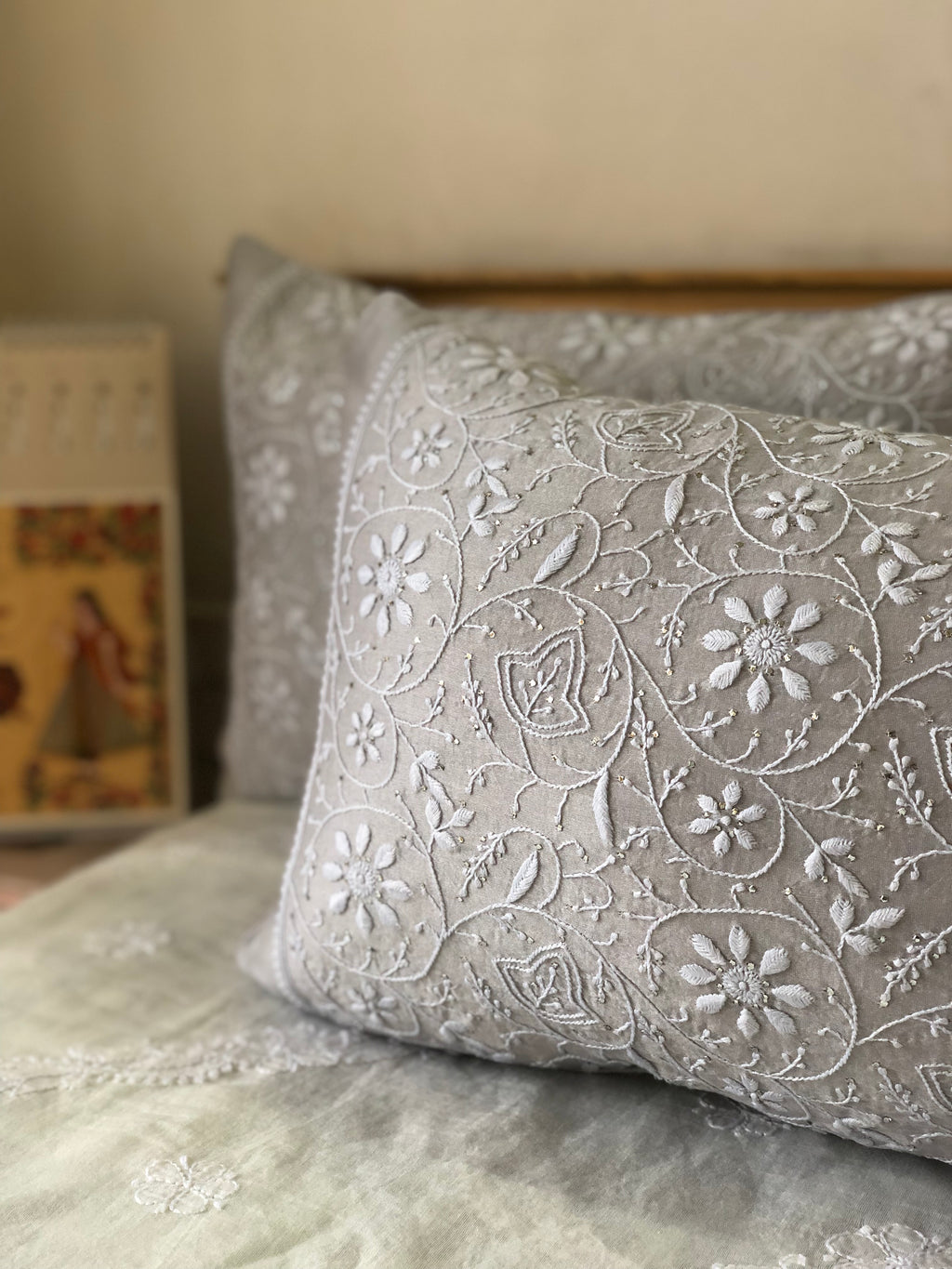 Grey Chikankari Lumbar Cushion Cover 18x12inches