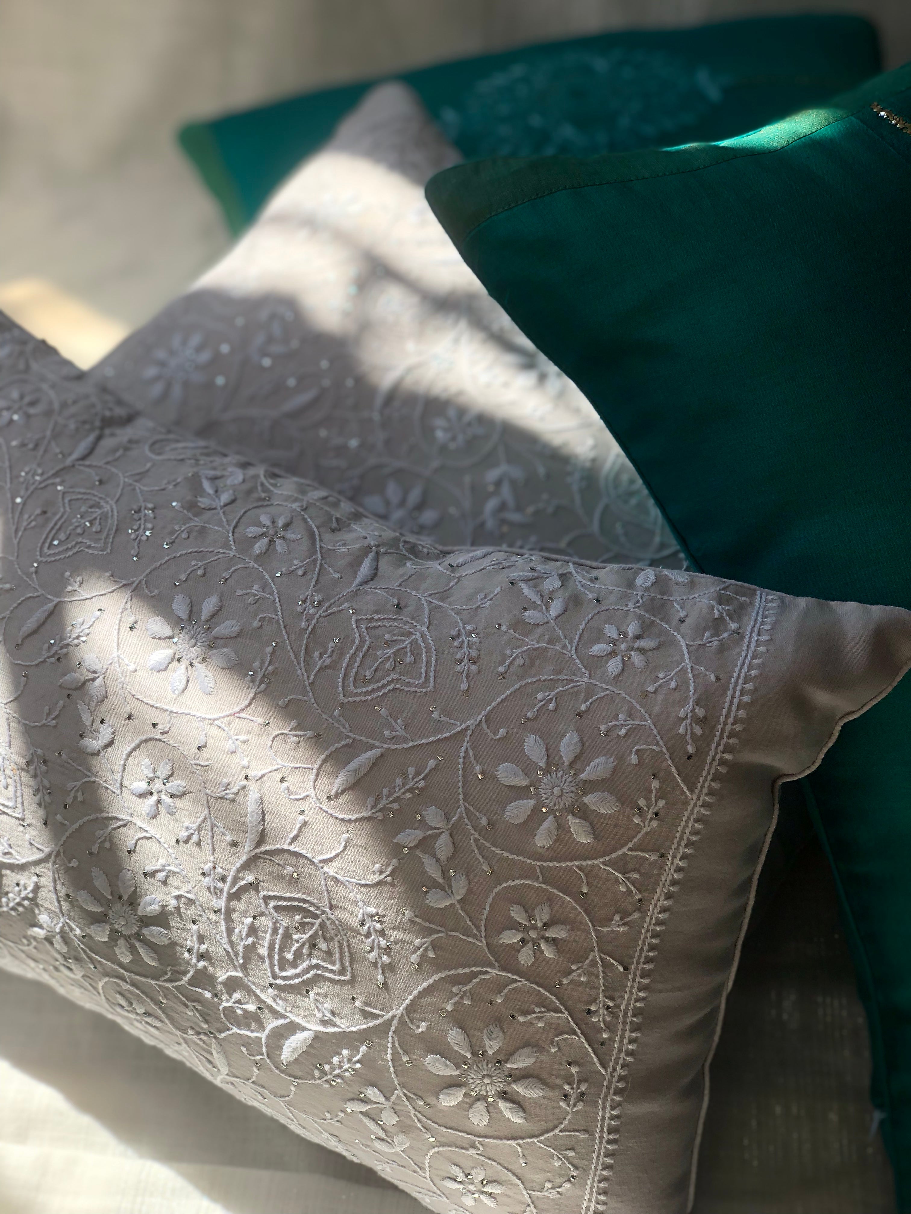 Grey Chikankari Lumbar Cushion Cover 18x12inches