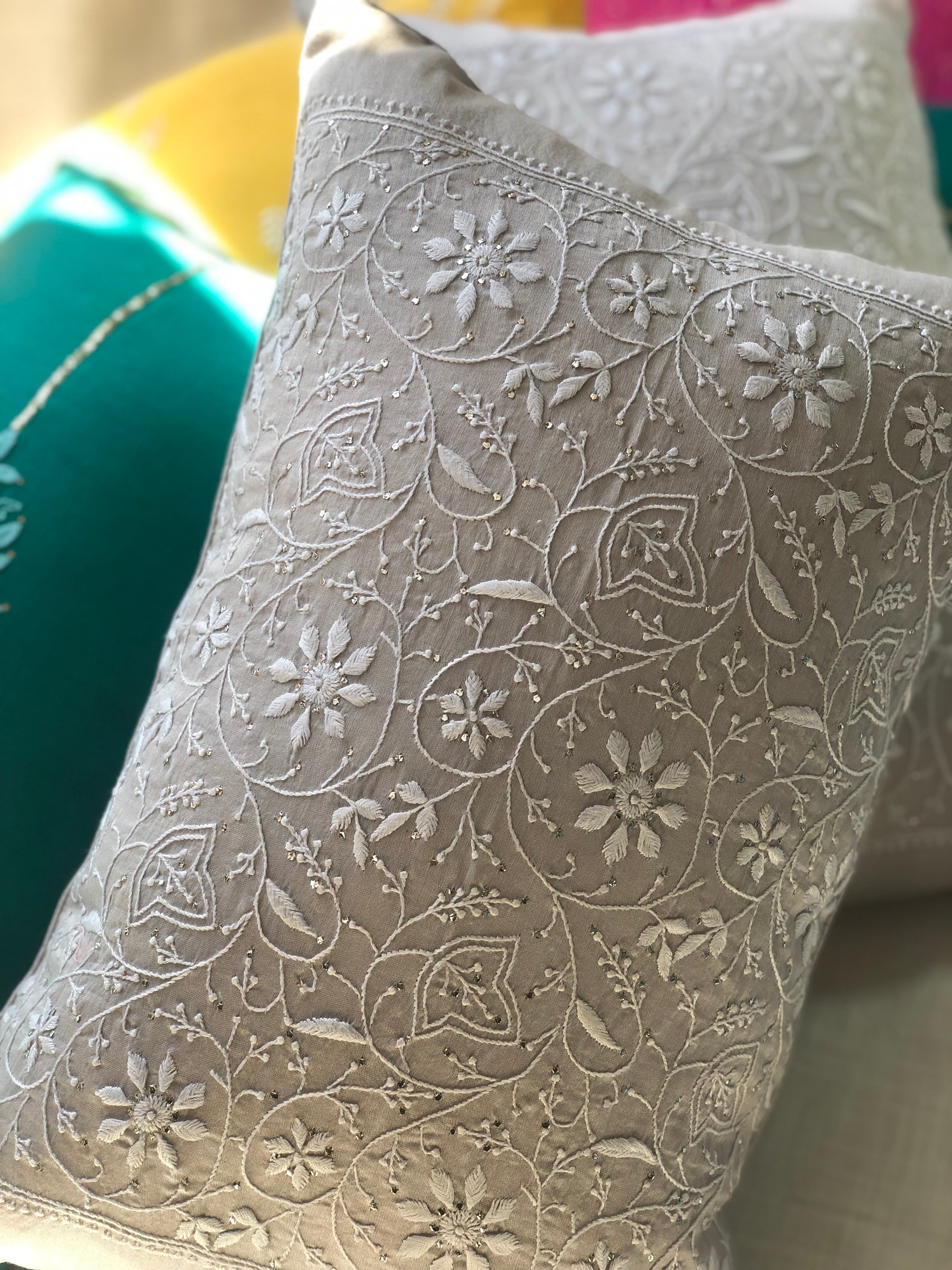Grey Chikankari Lumbar Cushion Cover 18x12inches