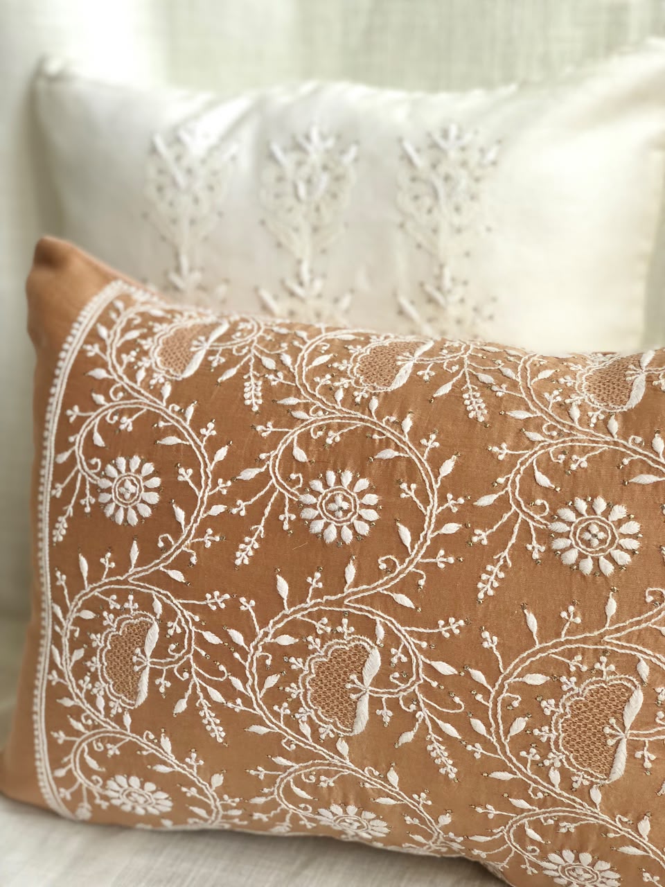 Brown Chikankari Lumbar Cushion Cover 18x12inches