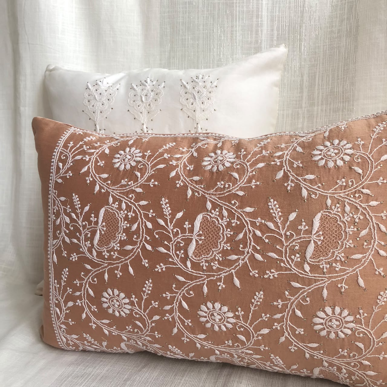 Brown Chikankari Lumbar Cushion Cover 18x12inches