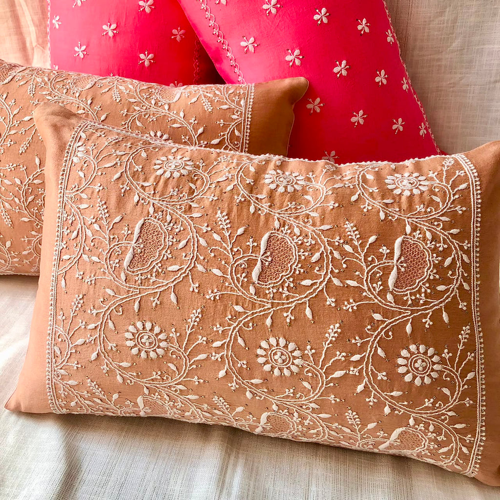 Brown Chikankari Lumbar Cushion Cover 18x12inches