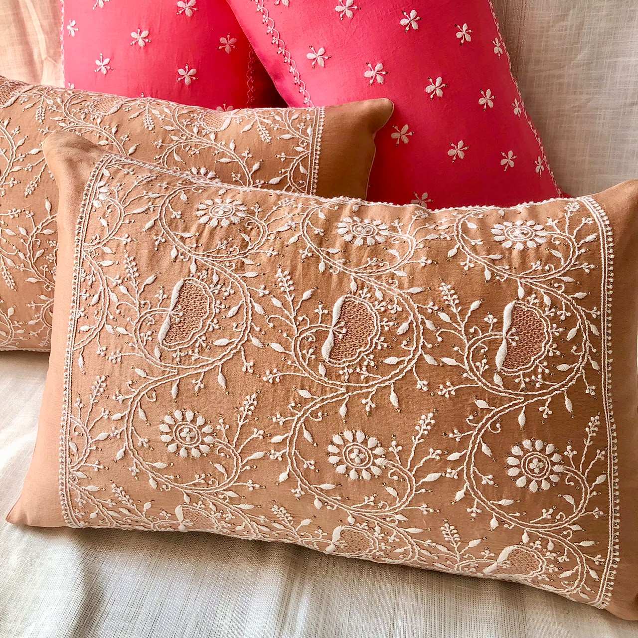 Brown Chikankari Lumbar Cushion Cover 18x12inches