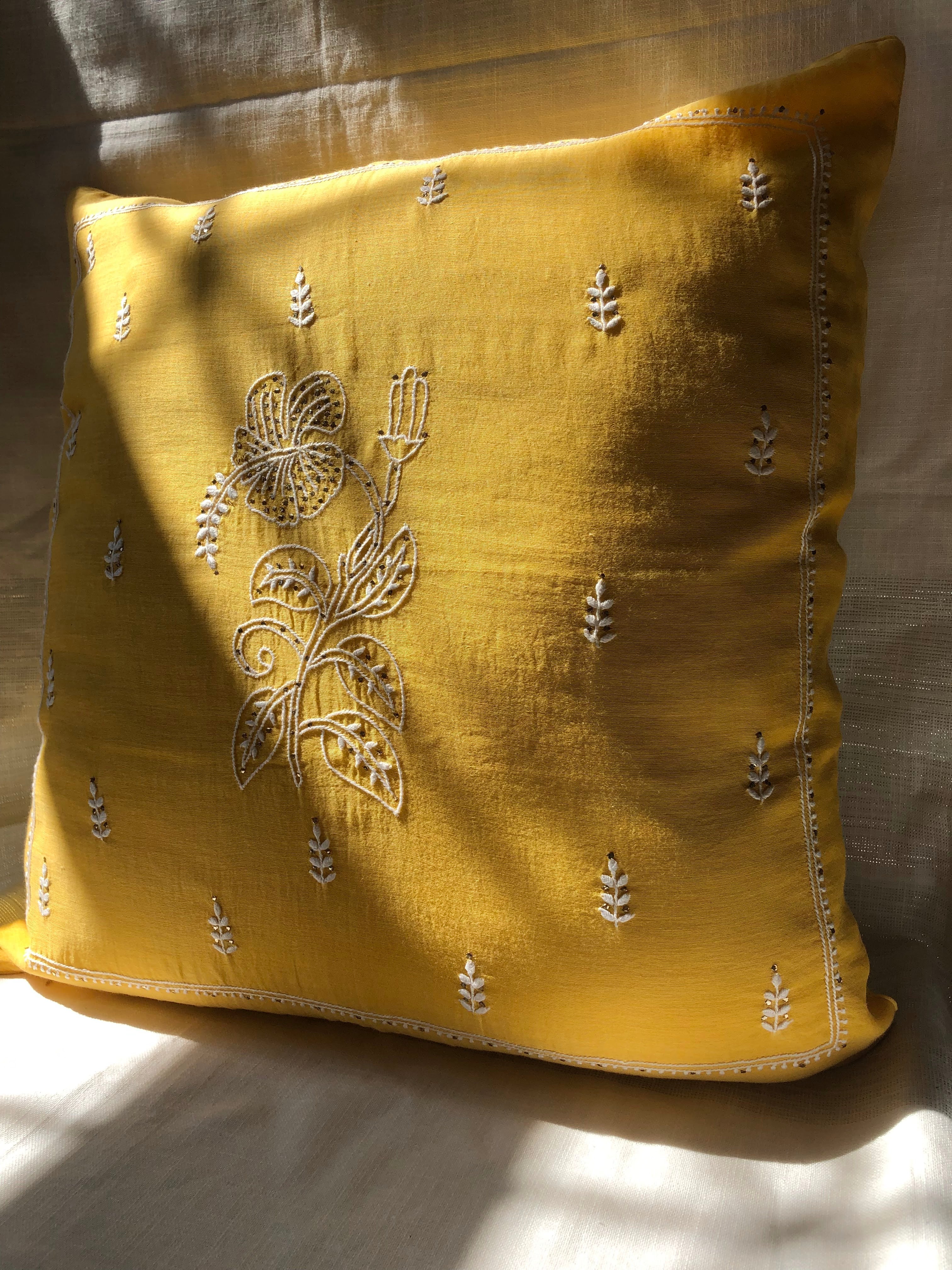 Yellow Chikankari Hand Embroidered Cushion Cover 18x18 inches
