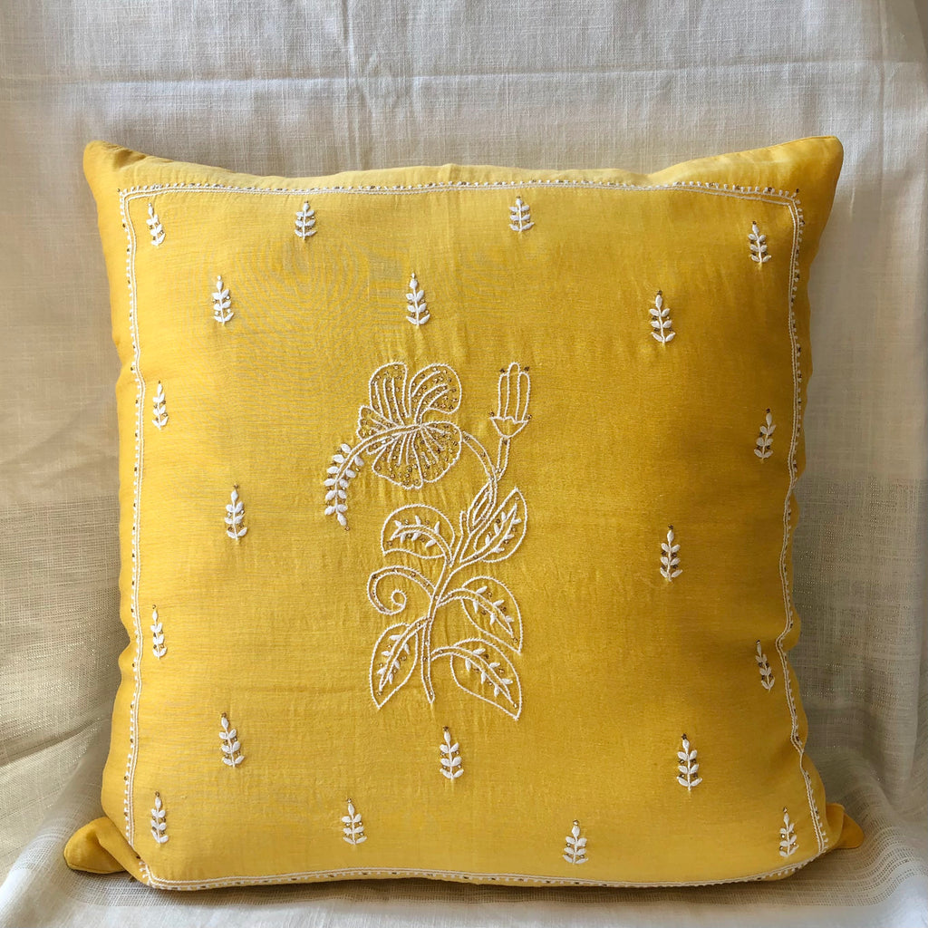 Yellow Chikankari Hand Embroidered Cushion Cover 18x18 inches