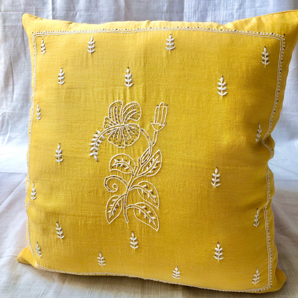 Yellow Chikankari Hand Embroidered Cushion Cover 18x18 inches