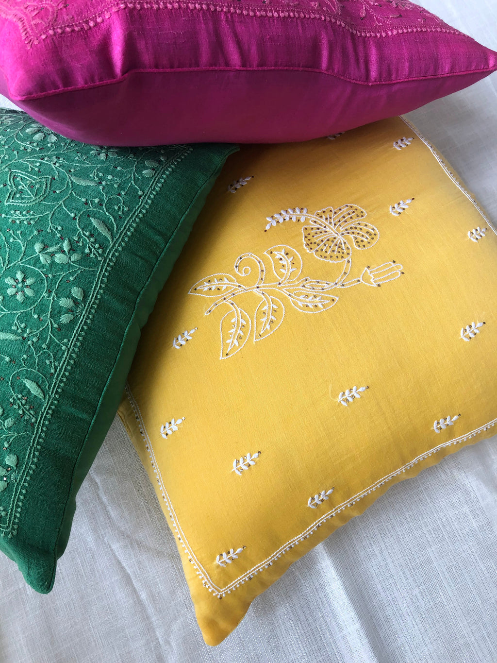 Yellow Chikankari Hand Embroidered Cushion Cover 18x18 inches