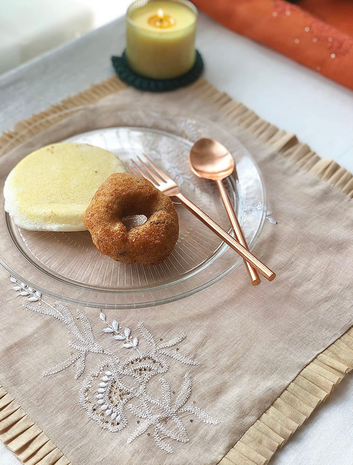 Cream Gold Chikankari Placemat - Square 14x14 inches