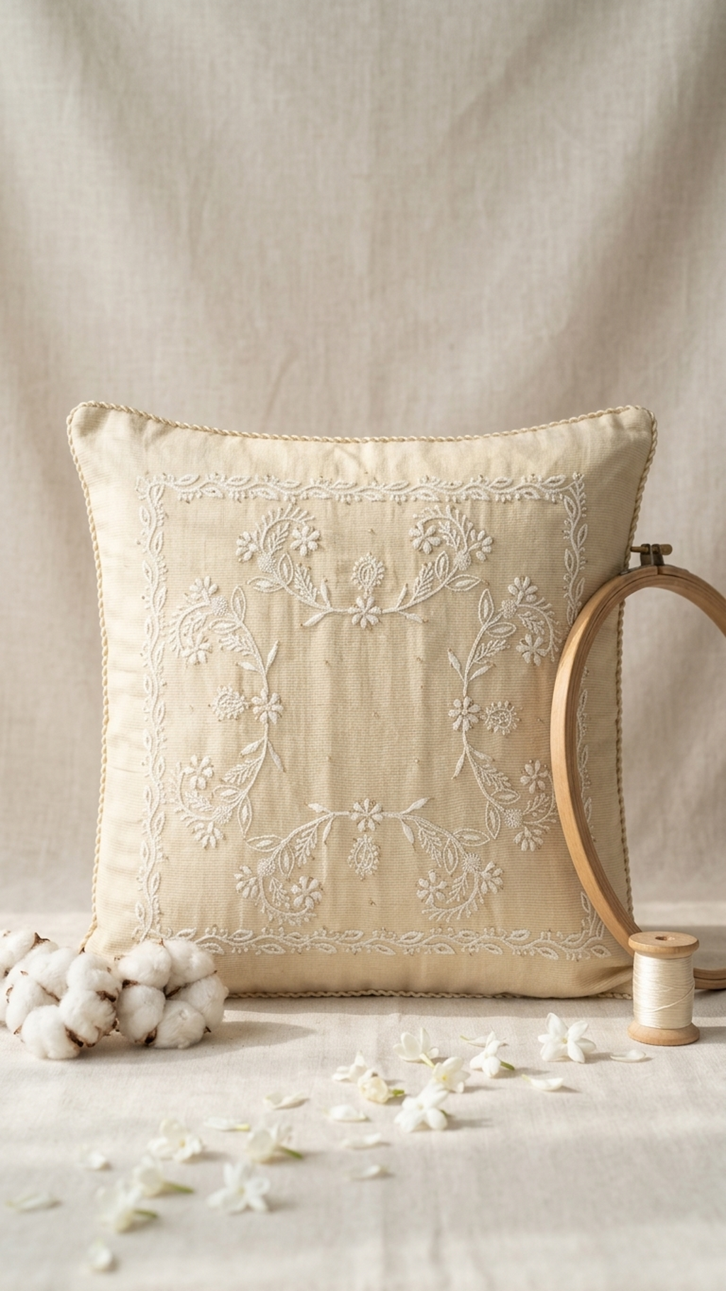 A square beige Chikankari cushion cover pillow with white floral embroidery in the center and a braided rope trim along the edges, shown a neutral backdrop