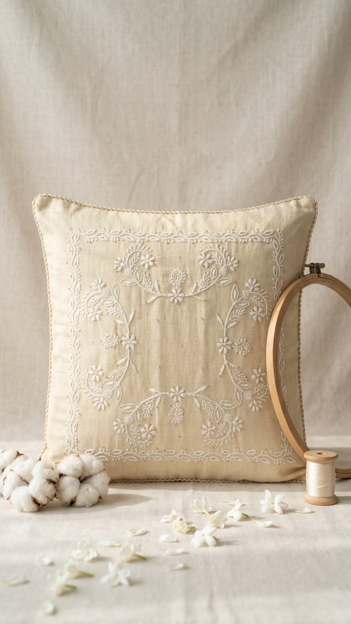 A square beige Chikankari cushion cover pillow with white floral embroidery in the center and a braided rope trim along the edges, shown a neutral backdrop