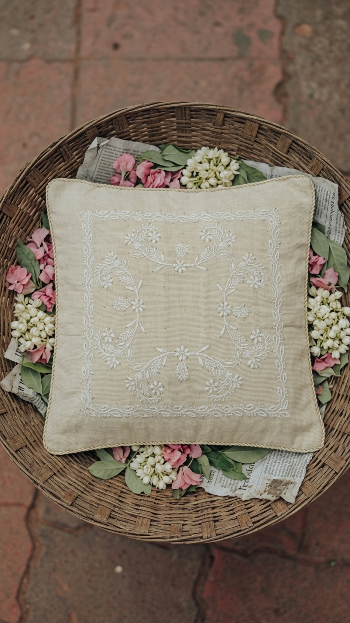A square beige Chikankari cushion cover pillow with white floral embroidery in the center and a braided rope trim along the edges, shown on flowers