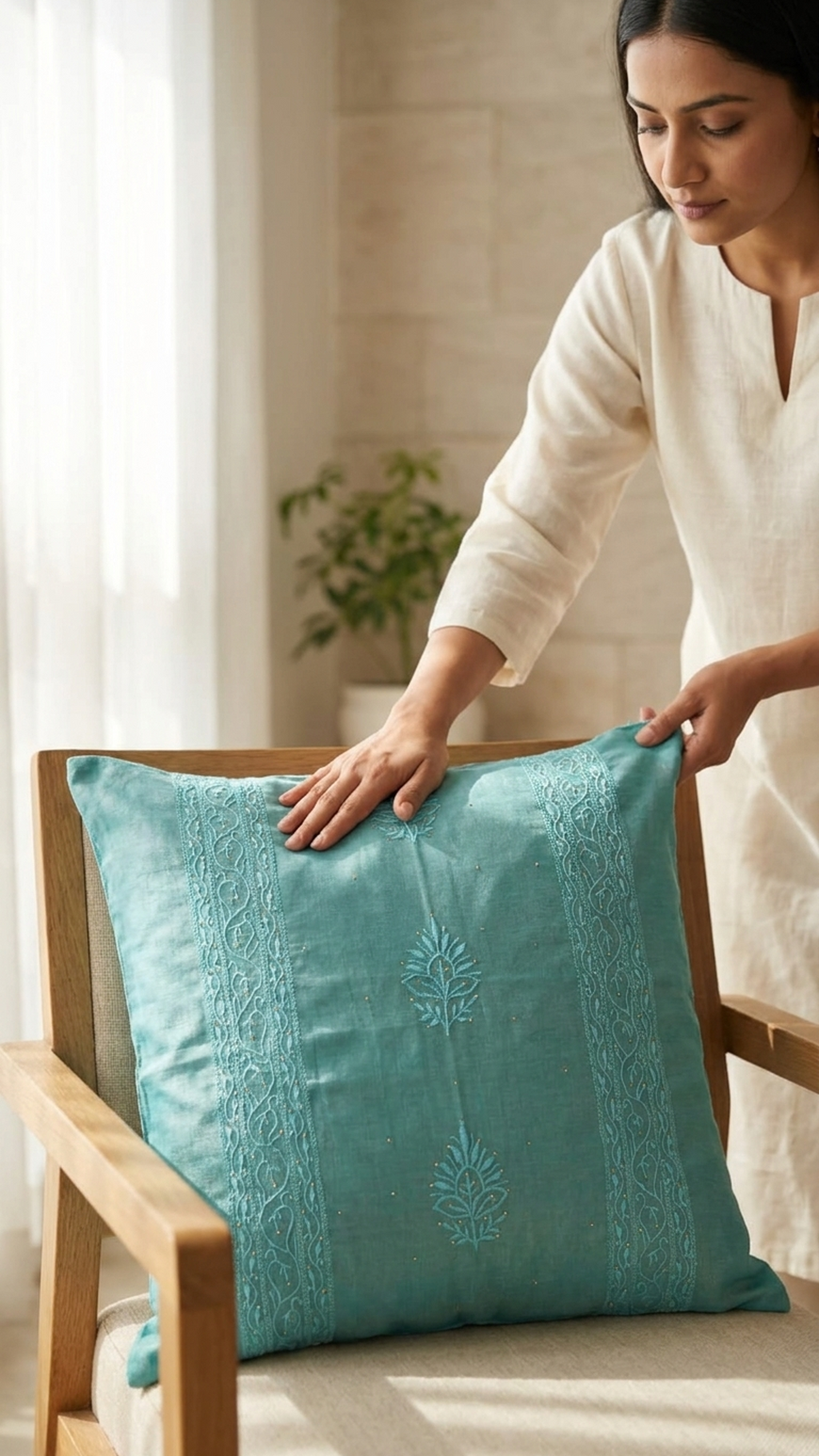 Chikankari Blue throw pillow with vertical embroidered patterns and three central floral motifs, shown against a plain white background.