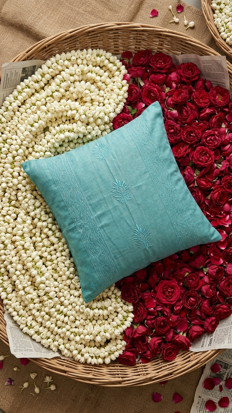 Chikankari Blue throw pillow with vertical embroidered patterns and three central floral motifs, shown against a plain white background.