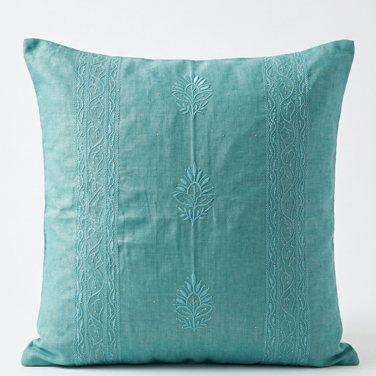 Chikankari Blue throw pillow with vertical embroidered patterns and three central floral motifs, shown against a plain white background.