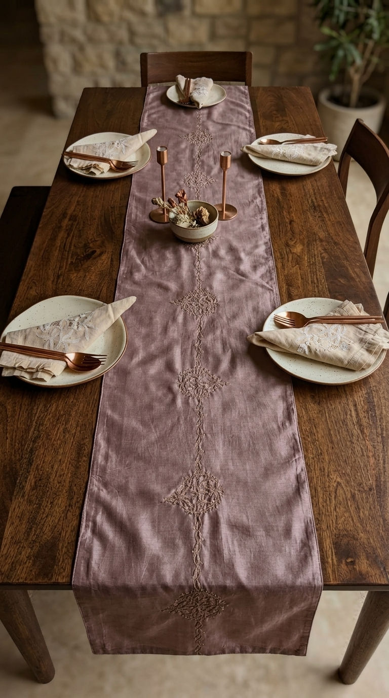 A dusty mauve Chikankari table runner with embroidered floral motifs laid down the center of a dark wood dining table, styled with plates, folded napkins, and candlesticks.