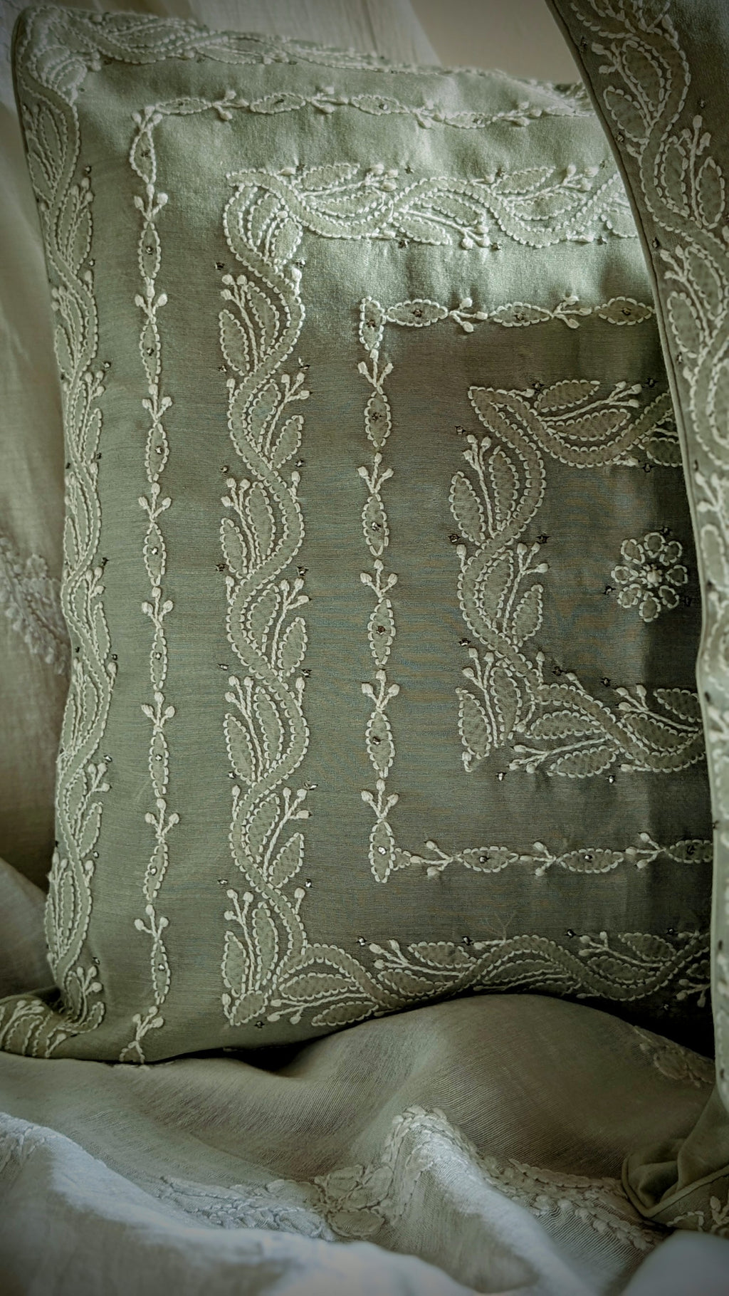 Sage Green Chikankari Hand Embroidered Cushion Cover 16x16 inches
