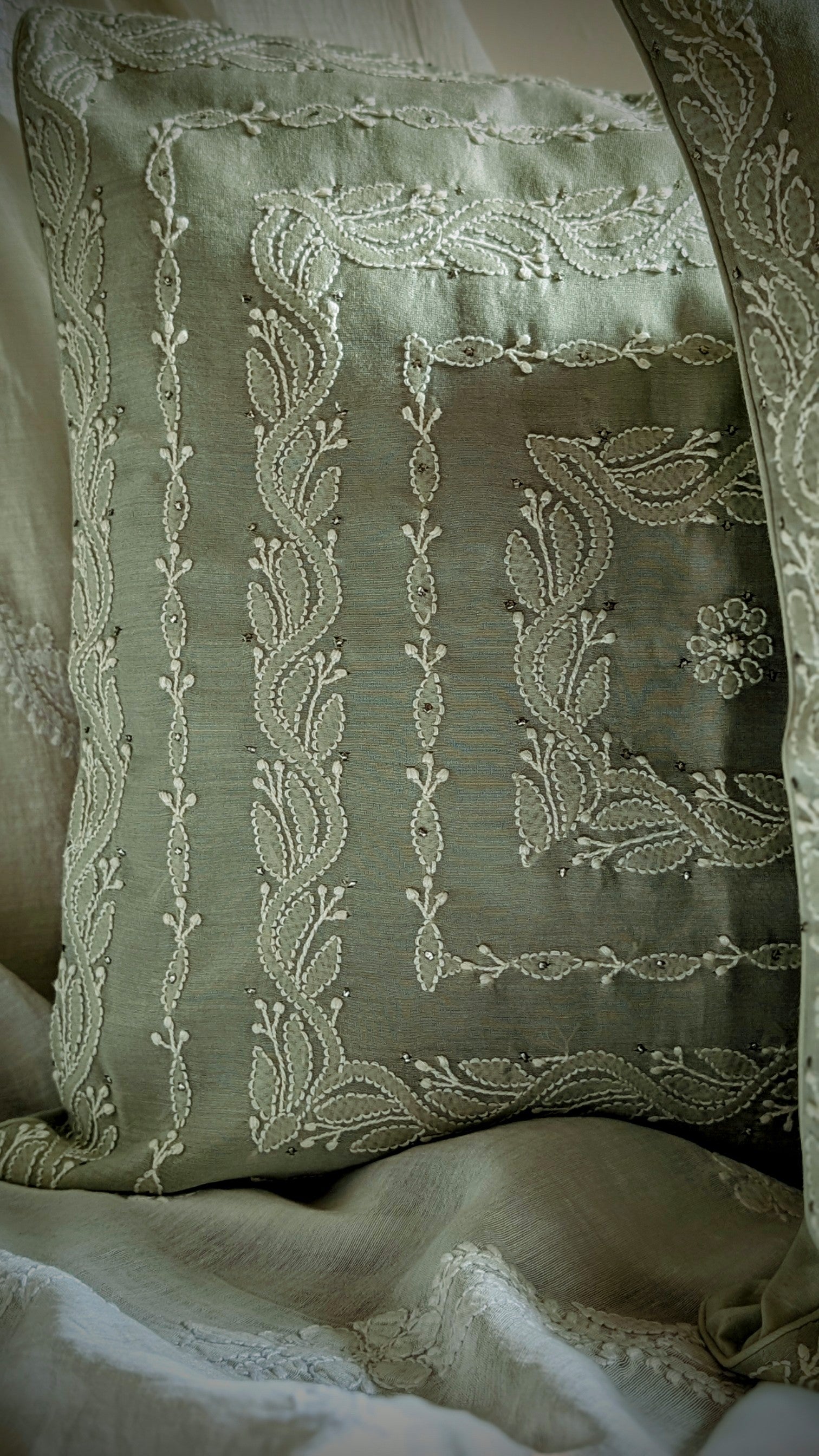 Sage Green Chikankari Hand Embroidered Cushion Cover 16x16 inches