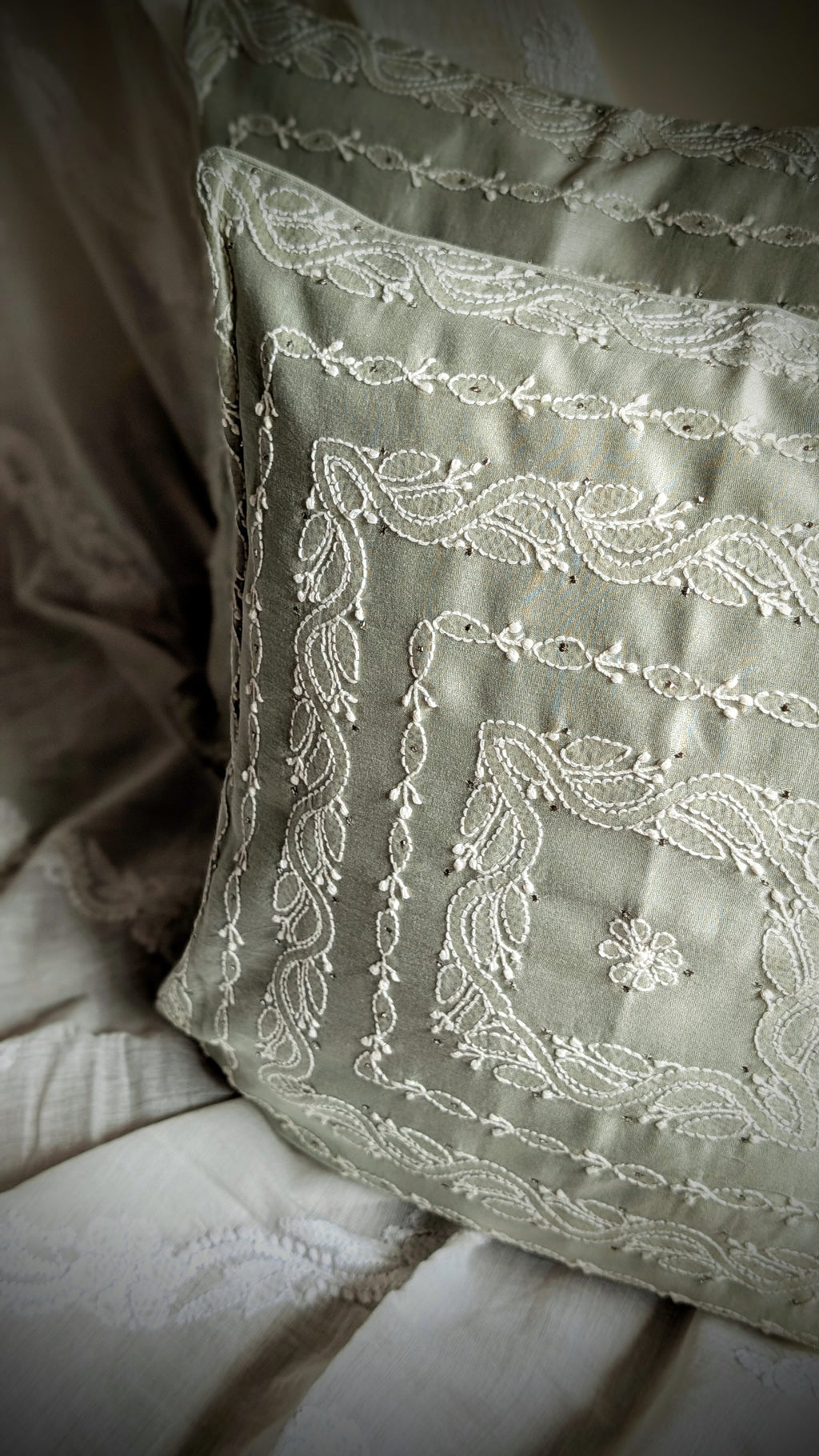 Sage Green Chikankari Hand Embroidered Cushion Cover 16x16 inches