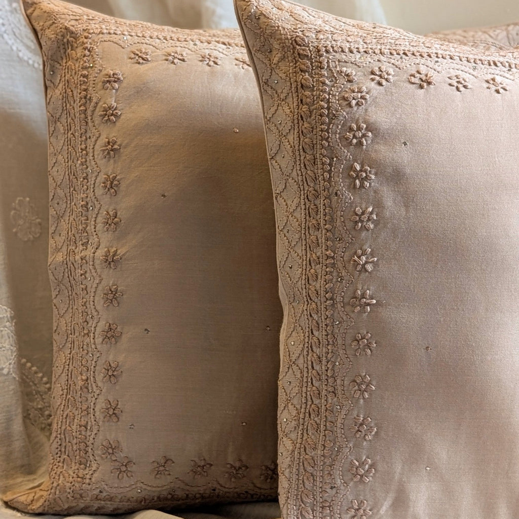 Champagne Hand Embroidered Cushion Cover 16x16 inches