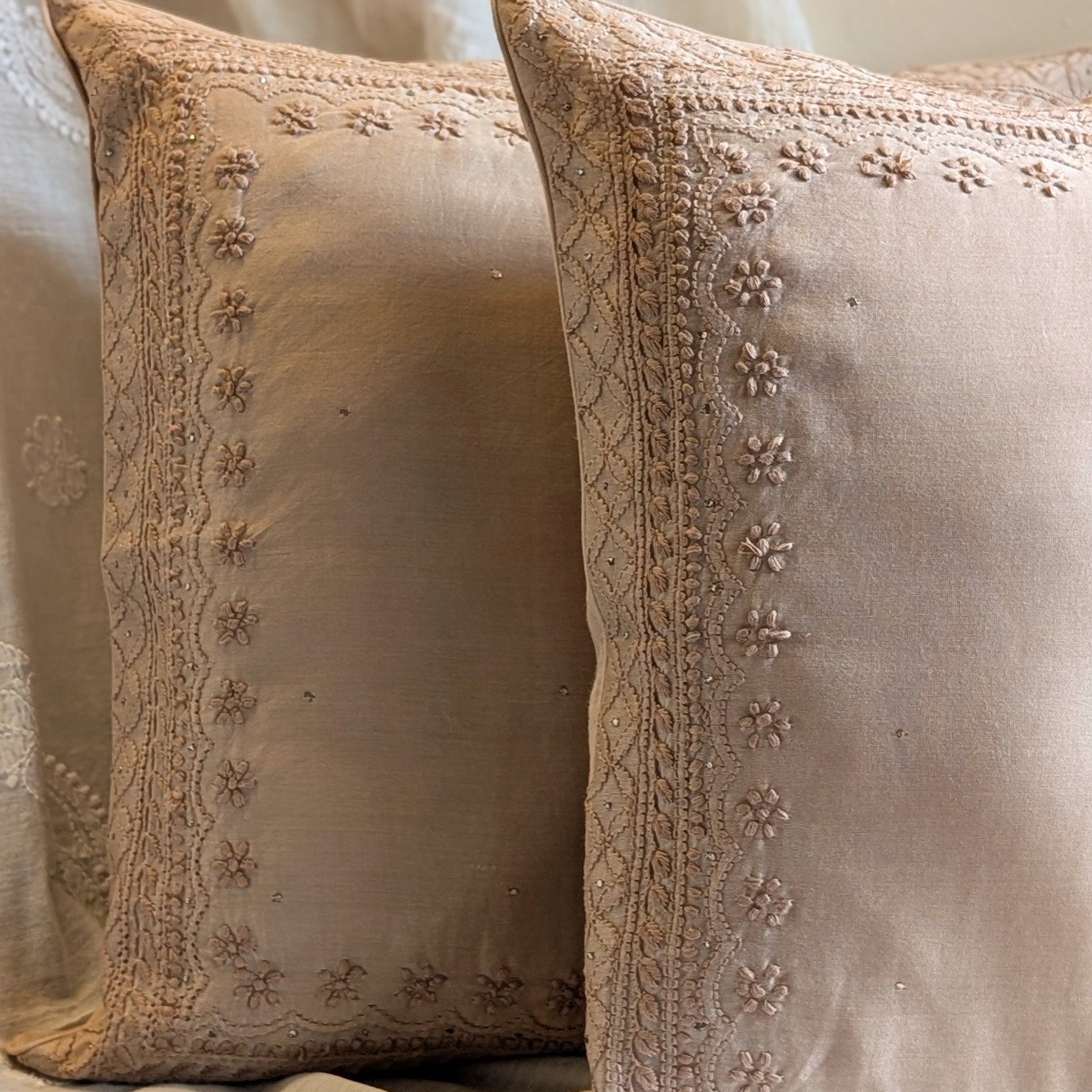 Champagne Hand Embroidered Cushion Cover 16x16 inches