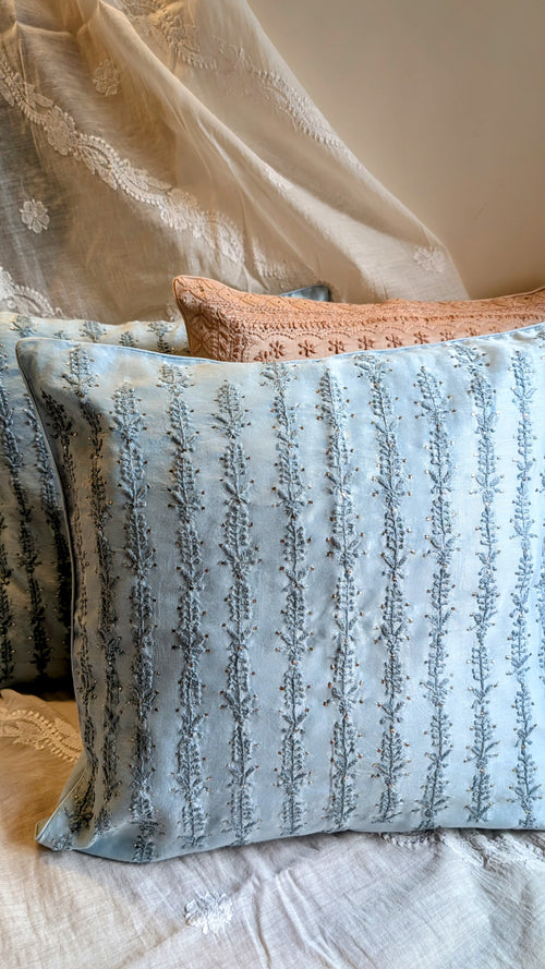 Blue Chikankari Hand Embroidered Cushion Cover 16x16 inches