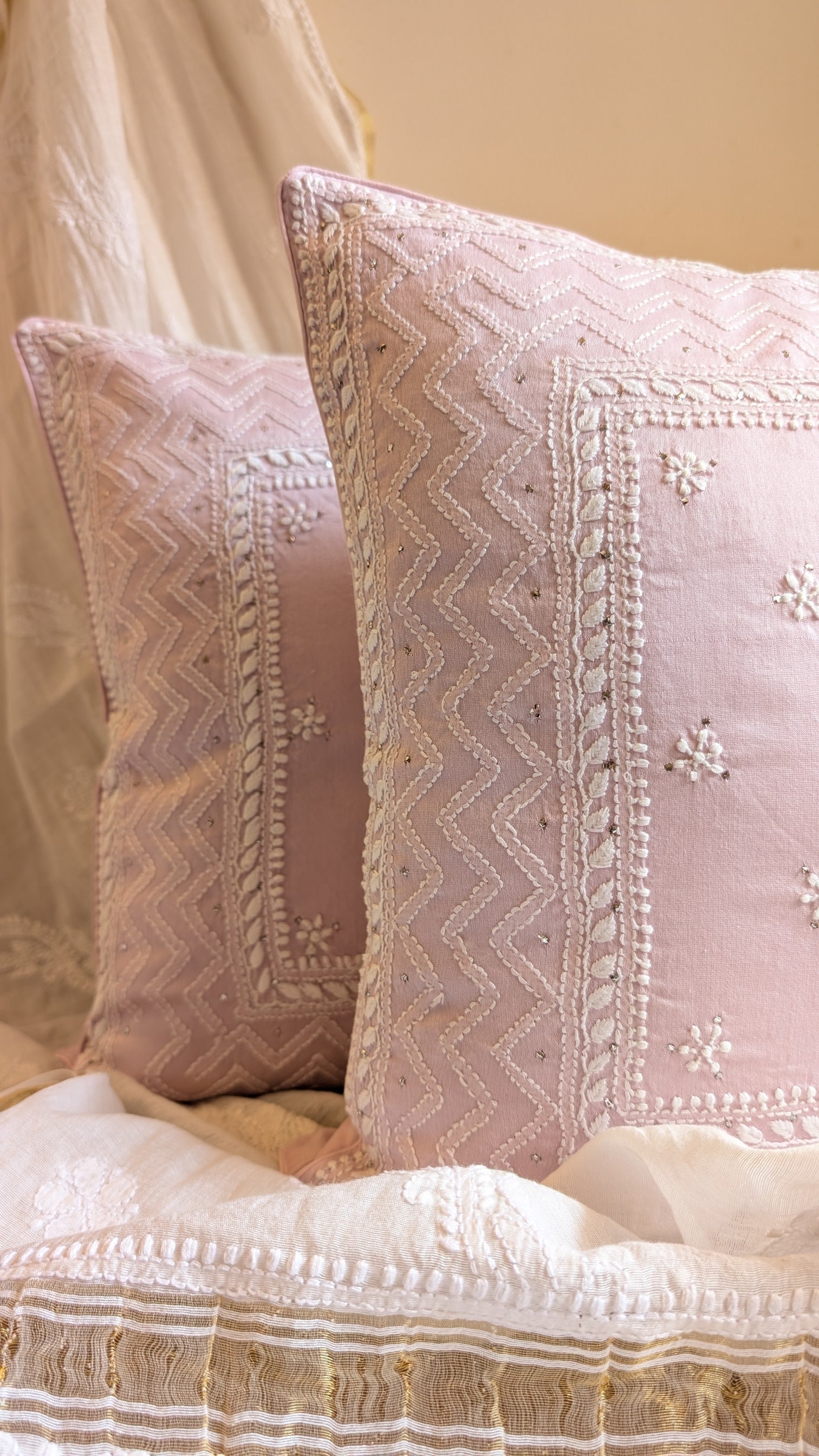 Lavendar Chikankari Hand Embroidered Cushion Cover