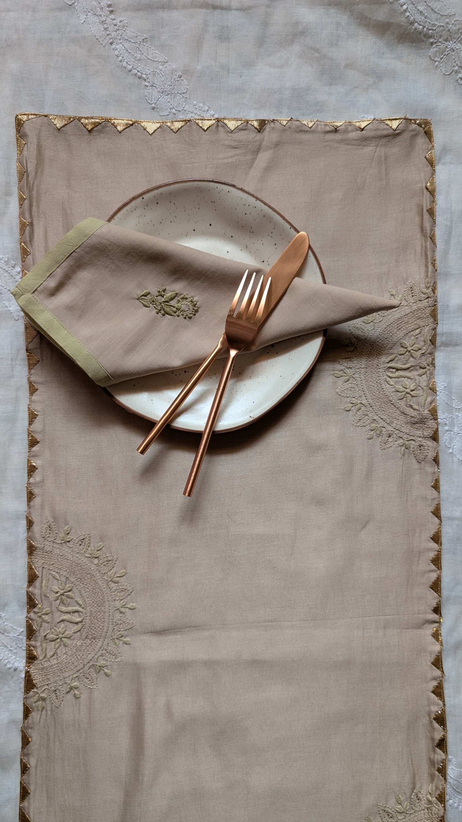 Light Brown Chikankari Table Runner 14 x 72 inches